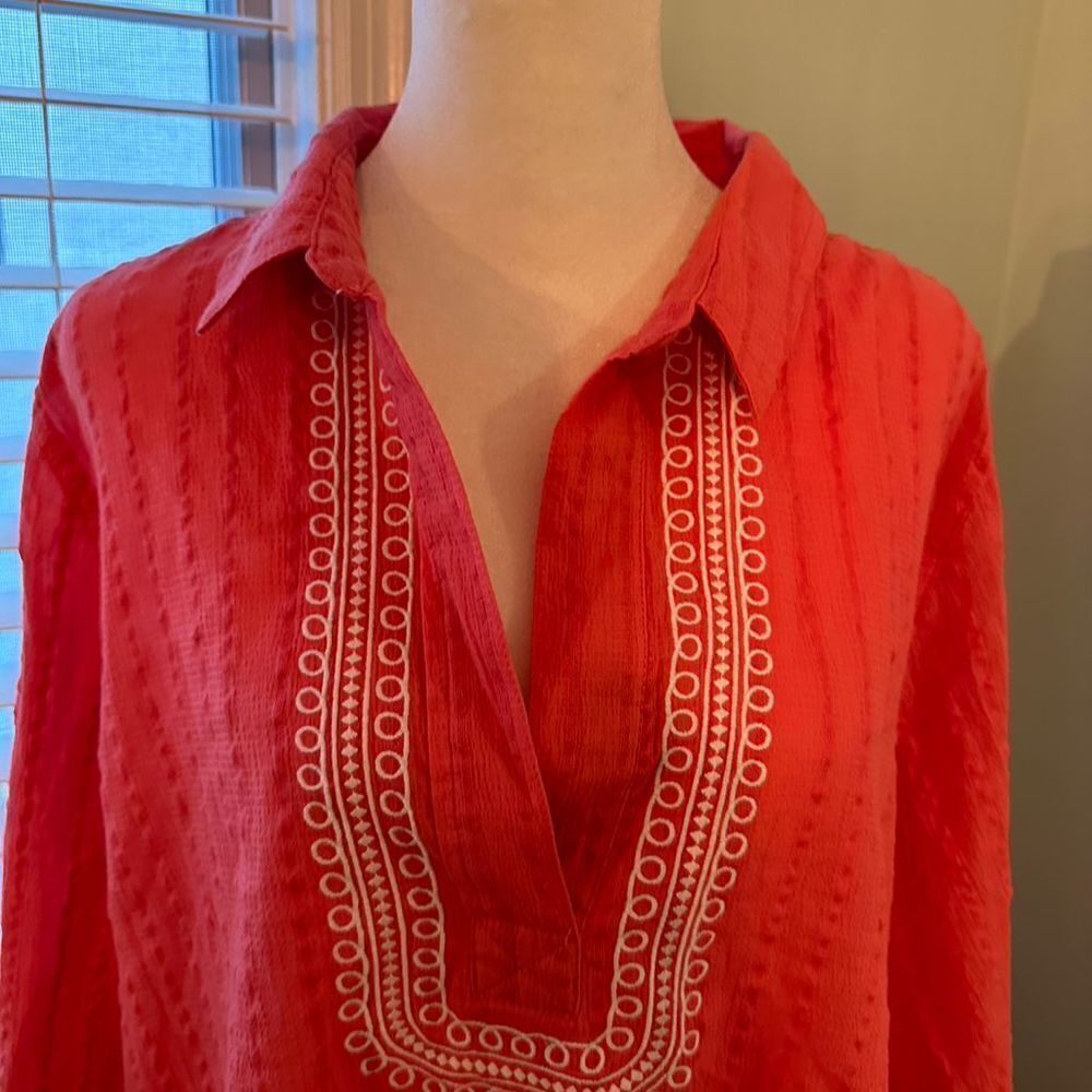 Tommy Hilfiger Women's Red Embroidered V-Neck Tunic Top Size L Long Sleeve - Picture 10 of 13